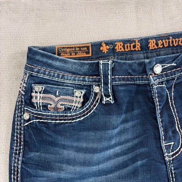 Rock Revival Avery Straight Jeans Western Rock Bling Embellished Women 31 Blue - Picture 2 of 12